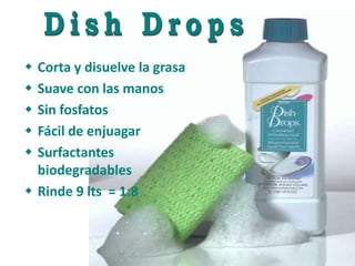  Corta y disuelve la grasa
 Suave con las manos
 Sin fosfatos
 Fácil de enjuagar
 Surfactantes
biodegradables
 Rinde 9 lts = 1:8
 