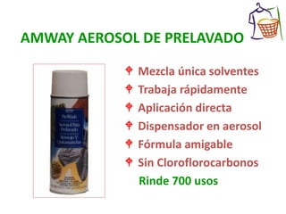 AMWAY AEROSOL DE PRELAVADO
 Mezcla única solventes
 Trabaja rápidamente
 Aplicación directa
 Dispensador en aerosol
 Fórmula amigable
 Sin Cloroflorocarbonos
Rinde 700 usos
 