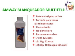 AMWAY BLANQUEADOR MULTITELAS
 Base en oxígeno activo
 Fórmula para todas
las temperaturas
 Concentrado
 No tiene cloro
 Remueve manchas
 LP: 8g 125 usos
 LG: 16g 62 usos
 LM: 8g/ 10 lts agua 125 usos
 