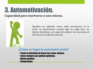 3. Automotivación.
Capacidad para motivarse a uno mismo.
Significa ser aplicado, tenaz, saber permanecer en la
tarea, no desanimarse cuando algo no salga bien, no
dejarse desalentar, ser capaz de ordenar las emociones al
servicio de un objetivo esencial.
• Tomar la iniciativa de hacer las cosas, innovar.
• Tener siempre una aptitud optimista.
• Mente positiva.
• Compromiso.
¿Cómo se logra la automotivación?
 