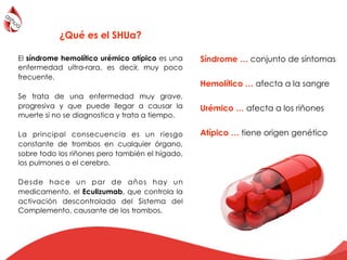 El síndrome hemolítico urémico atípico es una
enfermedad ultra-rara, es decir, muy poco
frecuente.
Se trata de una enfermedad muy grave,
progresiva y que puede llegar a causar la
muerte si no se diagnostica y trata a tiempo.
 
La principal consecuencia es un riesgo
constante de trombos en cualquier órgano,
sobre todo los riñones pero también el hígado,
los pulmones o el cerebro.
Desde hace un par de años hay un
medicamento, el Eculizumab, que controla la
activación descontrolada del Sistema del
Complemento, causante de los trombos.
¿Qué es el SHUa?
Síndrome … conjunto de síntomas
Hemolítico … afecta a la sangre
Urémico … afecta a los riñones
Atípico … tiene origen genético
 