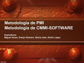 Metodología de PMI
Metodología de CMMI-SOFTWARE
Expositores
Miguel Veces, Evelyn Romero, Gloria Jaén, Darlin López
 