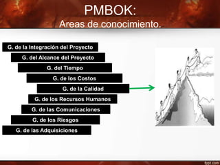 PMBOK:
Areas de conocimiento.
G. del Alcance del Proyecto
G. del Tiempo
G. de las Adquisiciones
G. de los Costos
G. de los Recursos Humanos
G. de las Comunicaciones
G. de la Integración del Proyecto
G. de los Riesgos
G. de la Calidad
 