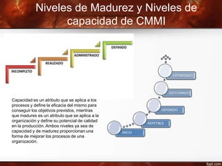 Niveles de Madurez y Niveles de
capacidad de CMMI
Capacidad es un atributo que se aplica a los
procesos y define la eficacia del mismo para
conseguir los objetivos previstos, mientras
que madures es un atributo que se aplica a la
organización y define su potencial de calidad
en la producción. Ambos niveles ya sea de
capacidad y de madurez proporcionan una
forma de mejorar los procesos de una
organización.
 