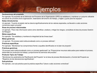 Ejemplos
Declaraciones del propósito
Por ejemplo:“El propósito de la Definición de Procesos de la Organización (OPD) es establecer y mantener un conjunto utilizable
de activos de procesos de la organización, estándares del entorno de trabajo, y reglas y guías para los equipos”.
Notas introductorias
Un ejemplo: “Cuando el estado real se desvía significativamente de los valores esperados, se llevarán a cabo acciones
correctivas según proceda”.
Áreas de proceso relacionadas
Un ejemplo: “Para más información sobre cómo identificar, analizar y mitigar los riesgos, consúltese el área de proceso Gestión
de Riesgos”.
Metas específicas
Por ejemplo: “Se establece y mantiene la integridad de las líneas base”.
Metas genéricas
Un ejemplo: “El proceso está institucionalizado como un proceso definido”.
Prácticas específicas
Por ejemplo: “Monitorizar los compromisos frente a aquellos identificados en el plan de proyecto”.
Prácticas genéricas
“El proceso está institucionalizado como un proceso gestionado” es “Proporcionar recursos adecuados para realizar el proceso,
desarrollar los productos de trabajo y proporcionar los servicios del proceso”.
Producto Tipico de Trabajo
“Monitorizar los parámetros de Planificación del Proyecto” en el área de proceso Monitorización y Control del Proyecto es
“Registros de las desviaciones significativas”.
Sub-prácticas
Por ejemplo, una sub-práctica para la práctica específica “Llevar a cabo acciones correctivas”
 