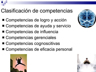 Clasificación de competencias Competencias de logro y acción Competencias de ayuda y servicio Competencias de influencia Competencias gerenciales Competencias cognoscitivas Competencias de eficacia personal 