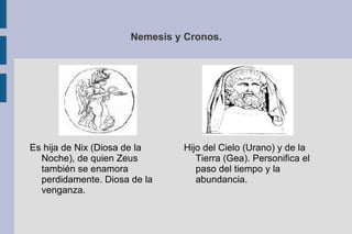 Nemesis y Cronos. Hijo del Cielo (Urano) y de la Tierra (Gea). Personifica el paso del tiempo y la abundancia. Es hija de Nix (Diosa de la Noche), de quien Zeus también se enamora perdidamente. Diosa de la venganza. 