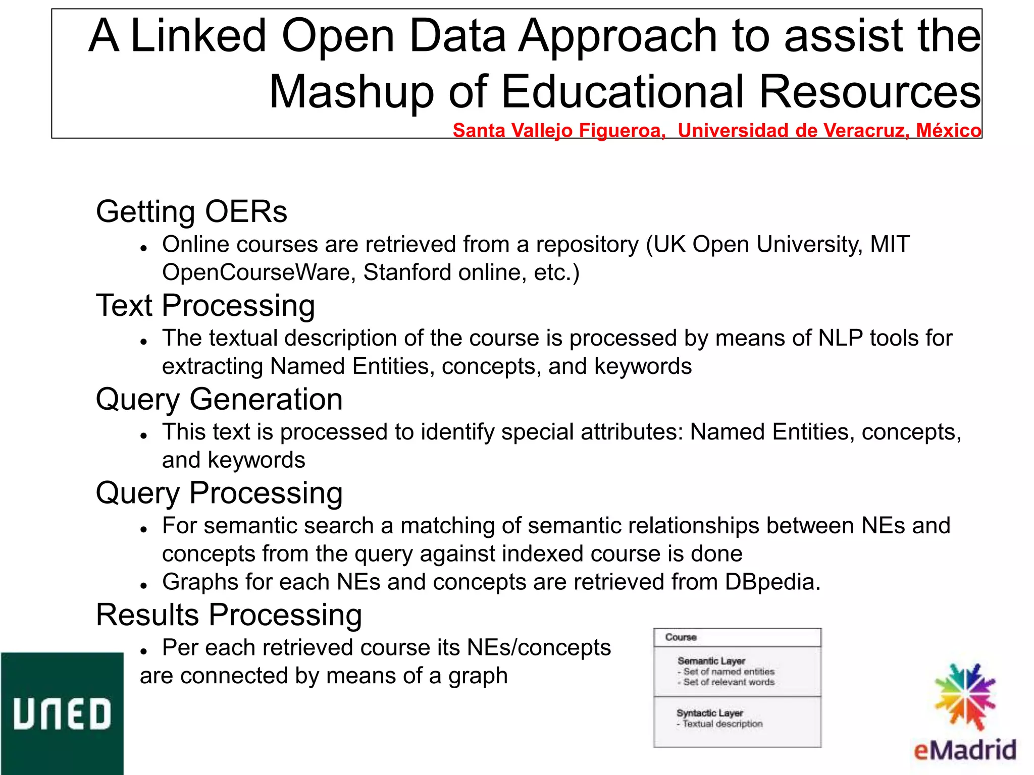 Getting OERs
 Online courses are retrieved from a repository (UK Open University, MIT
OpenCourseWare, Stanford online, etc.)
Text Processing
 The textual description of the course is processed by means of NLP tools for
extracting Named Entities, concepts, and keywords
Query Generation
 This text is processed to identify special attributes: Named Entities, concepts,
and keywords
Query Processing
 For semantic search a matching of semantic relationships between NEs and
concepts from the query against indexed course is done
 Graphs for each NEs and concepts are retrieved from DBpedia.
Results Processing
 Per each retrieved course its NEs/concepts
are connected by means of a graph
A Linked Open Data Approach to assist the
Mashup of Educational Resources
Santa Vallejo Figueroa, Universidad de Veracruz, México
 