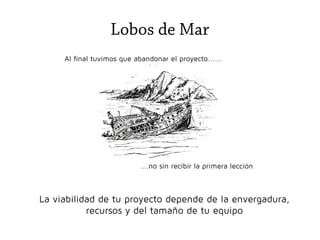 Lobos de Mar
Al final tuvimos que abandonar el proyecto......

….no sin recibir la primera lección

La viabilidad de tu proyecto depende de la envergadura,
recursos y del tamaño de tu equipo

 