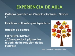 Cátedra narrativa en Ciencias Sociales. Grados
6°.
Prácticas culturales prehispánicas.
Trabajo de campo.
PREGUNTA INICIAL:
¿Cómo producir pigmentos
a partir de la frotación de las
Piedras?
http://aulasiris.blogspot.com/
 