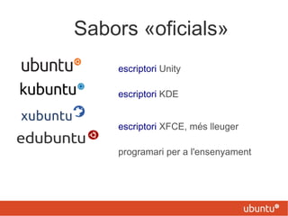 Sabors «oficials»
escriptori Unity
escriptori KDE
escriptori XFCE, més lleuger
programari per a l'ensenyament
 
