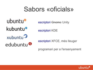 Sabors «oficials»
escriptori Gnome Unity
escriptori KDE
escriptori XFCE, més lleuger
programari per a l'ensenyament
 