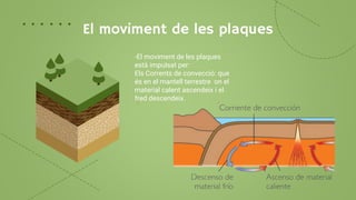 El moviment de les plaques
-El moviment de les plaques
està impulsat per:
Els Corrents de convecció: que
és en el mantell terrestre on el
material calent ascendeix i el
fred descendeix.
 