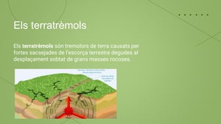 Els terratrèmols són tremolors de terra causats per
fortes sacsejades de l’escorça terrestre degudes al
desplaçament sobtat de grans masses rocoses.
Els terratrèmols
 