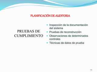 PLANIFICACIÓNDE AUDITORIA
PRUEBAS DE
CUMPLIMIENTO
 Inspección de la documentación
del sistema
 Pruebas de reconstrucción...