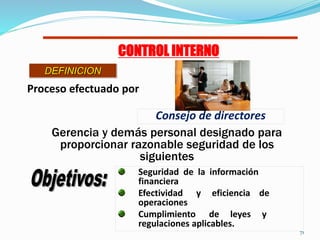 CONTROL INTERNO
DEFINICION
Proceso efectuado por
Seguridad de la información
financiera
Efectividad y eficiencia de
operac...
