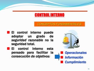 CONTROL INTERNO
CONCEPTOS FUNDAMENTALES:
El control interno puede
adoptar un grado de
seguridad razonable no la
seguridad ...