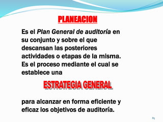 Es el Plan General de auditoría en
su conjunto y sobre el que
descansan las posteriores
actividades o etapas de la misma.
...