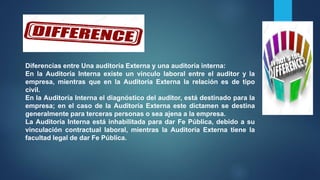Diferencias entre Una auditoría Externa y una auditoría interna:
En la Auditoría Interna existe un vínculo laboral entre el auditor y la
empresa, mientras que en la Auditoría Externa la relación es de tipo
civil.
En la Auditoría Interna el diagnóstico del auditor, está destinado para la
empresa; en el caso de la Auditoría Externa este dictamen se destina
generalmente para terceras personas o sea ajena a la empresa.
La Auditoría Interna está inhabilitada para dar Fe Pública, debido a su
vinculación contractual laboral, mientras la Auditoría Externa tiene la
facultad legal de dar Fe Pública.
 