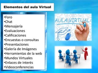 Elementos del aula Virtual
•Foro
•Chat
•Mensajería
•Evaluaciones
•Calificaciones
•Encuestas o consultas
•Presentaciones
•Galería de Imágenes
•Herramientas de la web
•Mundos Virtuales
•Enlaces de interés
•Videoconferencias
 