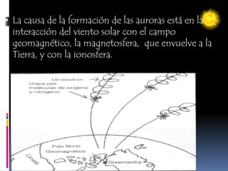 La causa de la formación de las auroras está en la interacción del viento solar con el campo geomagnético, la magnetosfera,  que envuelve a la Tierra, y con la ionosfera. 