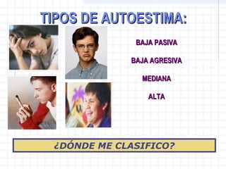 BAJA PASIVABAJA PASIVA
BAJA AGRESIVABAJA AGRESIVA
MEDIANAMEDIANA
ALTAALTA
¿DÓNDE ME CLASIFICO?
TIPOS DE AUTOESTIMA:TIPOS DE AUTOESTIMA:
 