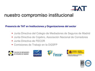nuestro compromiso institucional
Presencia de TAT en Instituciones y Organizaciones del sector






Junta Directiva del Colegio de Mediadores de Seguros de Madrid
Junta Directiva de Cojebro, Asociación Nacional de Corredores
Junta Directiva de FECOR
Comisiones de Trabajo en la DGSFP

 