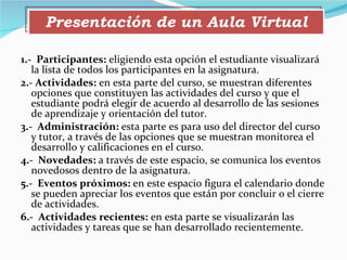 1.-  Participantes:  eligiendo esta opción el estudiante visualizará la lista de todos los participantes en la asignatura. 2.- Actividades:  en esta parte del curso, se muestran diferentes opciones que constituyen las actividades del curso y que el estudiante podrá elegir de acuerdo al desarrollo de las sesiones de aprendizaje y orientación del tutor. 3.-  Administración:  esta parte es para uso del director del curso y tutor, a través de las opciones que se muestran monitorea el desarrollo y calificaciones en el curso. 4.-  Novedades:  a través de este espacio, se comunica los eventos novedosos dentro de la asignatura. 5.-  Eventos próximos:  en este espacio figura el calendario donde se pueden apreciar los eventos que están por concluir o el cierre de actividades.  6.-  Actividades recientes:  en esta parte se visualizarán las actividades y tareas que se han desarrollado recientemente.  Presentación de un Aula Virtual 