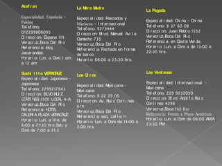 Mc Donald ´s Especialidad: Comida Rápida - Hamburguesas Telefono: 9 27 04 49  Direccion: Av. Ruiz Cortines s/nVeracruz,Boca Del RioReferencia: esq. Juan. Horario: Lun. a Dom. de 8:00 a 23:00 hrsCafé Andrade Especialidad: Cafetería - Café Telefono: 9 22 39 13  Direccion: Plaza Las Américas s/nVeracruz,VeracruzReferencia: dentro de Plaza Macambo. Horario: Lun. a Dom. de 10:00 a 21:00 hrs.BOCATANGO Especialidad: Argentina - Argentina Telefono: 1002624  Direccion: AVILA CAMACHO 2791Veracruz,VeracruzReferencia: BOULEVARDHorario: 12:00 A 00:00Café Bola de Oro Especialidad: Cafetería - Café Telefono: 9 21 21 32  Direccion: Mario Molina 240-AVeracruz,VeracruzReferencia: entre Independencia y 5 de Mayo. Horario: Lun. a Sab. de 8:00 a 22:00 hrs.El Gaucho Especialidad: Argentina - Argentina Telefono: 01 _229_ 935-0411  Direccion: Bernal Diaz del Castillo 187 Veracruz,VeracruzReferencia: esq. Cristobal Colon Horario: Lun. a Dom. de 7 am a 1 amLa Crepe et la LuneEspecialidad: Francesa - Francesa Telefono: 9 35 70 74  Direccion: Cristobal Colón 428Veracruz,VeracruzReferencia: esq. Magallanes Horario: Lun. a Dom. de 13:00 a 1:00 hrs.