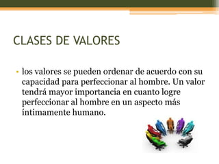 CLASES DE VALORESlos valores se pueden ordenar de acuerdo con su capacidad para perfeccionar al hombre. Un valor tendrá mayor importancia en cuanto logre perfeccionar al hombre en un aspecto más íntimamente humano. 