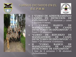    I “CURSO DE ADIESTRAMIENTO
    CANINO EN DETECCION DE
    EXPLOSIVOS”- 15 alumnos y canes
    y durante 8 meses.
   I      “CURSO        BASICO    DE
    MANEJADORES           DE    CANES
    DETECTORES DE EXPLOSIVOS”- 3
    Fases = 18 alumnos .
   “CURSO DE REFUERZO DE
    MANEJADORES           DE    CANES
    DETECTORES DE EXPLOSIVOS”- 3
    fases = 18 alumnos 6 semanas.
   II      “CURSO       BASICO    DE
    MANEJADORES           DE    CANES
    DETECTORES DE EXPLOSIVOS” -
    1 fase de 4 semanas = 06 alumnos
    (Actualmente).
 