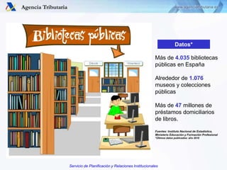Servicio de Planificación y Relaciones Institucionales
Más de 4.035 bibliotecas
públicas en España
Alrededor de 1.076
muse...