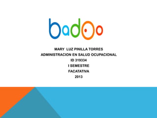 MARY LUZ PINILLA TORRES
ADMINISTRACION EN SALUD OCUPACIONAL
             ID 319334
            I SEMESTRE
            FACATATIVA
               2013
 