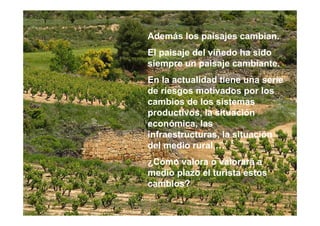 Además los paisajes cambian.
El paisaje del viñedo ha sido
siempre un paisaje cambiante.
En la actualidad tiene una serie
de riesgos motivados por los
cambios de los sistemas
productivos, la situación
económica, las
infraestructuras, la situación
del medio rural,…
¿Cómo valora o valorará a
medio plazo el turista estos
cambios?
 