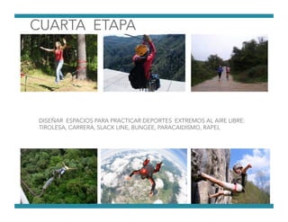 DISEÑAR ESPACIOS PARA PRACTICAR DEPORTES EXTREMOS AL AIRE LIBRE:
TIROLESA, CARRERA, SLACK LINE, BUNGEE, PARACAIDISMO, RAPEL
 