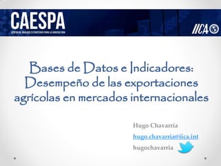 Bases de Datos e Indicadores:
  Desempeño de las exportaciones
agrícolas en mercados internacionales

                      Hugo Chavarría
                      hugo.chavarria@iica.int
                      hugochavarria
 