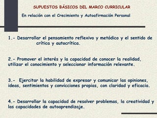SUPUESTOS BÁSICOS DEL MARCO CURRICULAR

      En relación con el Crecimiento y Autoafirmación Personal




1.- Desarrollar el pensamiento reflexivo y metódico y el sentido de
             crítica y autocrítica.


2.- Promover el interés y la capacidad de conocer la realidad,
utilizar el conocimiento y seleccionar información relevante.


3.- Ejercitar la habilidad de expresar y comunicar las opiniones,
ideas, sentimientos y convicciones propias, con claridad y eficacia.


4.- Desarrollar la capacidad de resolver problemas, la creatividad y
las capacidades de autoaprendizaje.
 