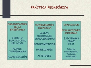 PRÁCTICA PEDAGÓGICA




ORGANIZACIÓN      INTERVENCIÓN    EVALUACION
    DE LA           DIDACTICA
 ENSEÑANZA                       EVALAUCIONES
                    MARCO          INTERNAS
                  CURRICULAR:
  DECRETO        CONOCIMIENTO:    E. EXTERNAS
EDUCACIONAL                           SIMCE
  DEL NIVEL      CONOCIMIENTOS        P.S.U.

    PLANES        HABILIDADES        Tabla de
 Y PROGRAMAS                      Conocimientos/
                                    Tablas de
                   ACTITUDES       Habilidades
PLANIFICACIÓN
 