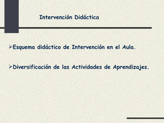 Intervención Didáctica




Esquema didáctico de Intervención en el Aula.


Diversificación de las Actividades de Aprendizajes.
 