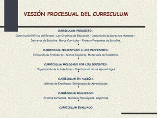 VISIÓN PROCESUAL DEL CURRICULUM


                                 CURRICULUM PRESCRITO:
Constitución Política del Estado - Ley Orgánica de Educación - Declaración de Derechos Humanos –
            Decretos de Estudios: Marco Curricular - Planes y Programas de Estudios.


                     CURRICULUM PRESENTADO A LOS PROFESORES:
             Formación de Profesores- Textos Escolares, Materiales de Enseñanza.


                      CURRÍCULUM MOLDEADO POR LOS DOCENTES:
                Organización de la Enseñanza - Planificación de los Aprendizajes


                                  CURRÍCULUM EN ACCIÓN:
                       Método de Enseñanza- Estrategias de Aprendizajes


                                  CURRÍCULUM REALIZADO:
                      Efectos Culturales- Morales- Psicológicos- Cognitivos


                                  CURRÍCULUM EVALUADO
 