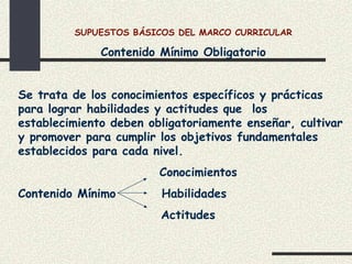 SUPUESTOS BÁSICOS DEL MARCO CURRICULAR

              Contenido Mínimo Obligatorio


Se trata de los conocimientos específicos y prácticas
para lograr habilidades y actitudes que los
establecimiento deben obligatoriamente enseñar, cultivar
y promover para cumplir los objetivos fundamentales
establecidos para cada nivel.
                        Conocimientos
Contenido Mínimo        Habilidades
                        Actitudes
 