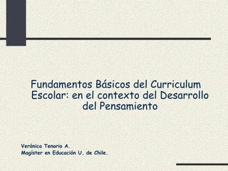 Fundamentos Básicos del Curriculum
   Escolar: en el contexto del Desarrollo
              del Pensamiento


Verónica Tenorio A.
Magíster en Educación U. de Chile.
 