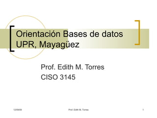 Orientación Bases de datos UPR, Mayagüez Prof. Edith M. Torres CISO 3145 06/08/09 Prof. Edith M, Torres 
