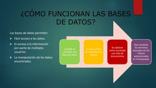 ¿CÓMO FUNCIONAN LAS BASES
DE DATOS?
Las bases de datos permiten:
 Fácil acceso a los datos.
 El acceso a la información
por parte de múltiples
usuarios.
 La manipulación de los datos
encontrados.
Cuando se
consulta una
base de datos
Lo que se hace
es consultar sus
índices
Se obtiene
como resultado
una lista de
documentos
Que contiene
los términos
buscados en los
índices
seleccionados
en la búsqueda.
 