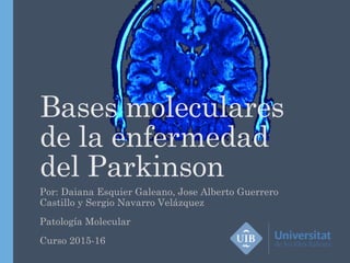 Bases moleculares
de la enfermedad
del Parkinson
Por: Daiana Esquier Galeano, Jose Alberto Guerrero
Castillo y Sergio Navarro Velázquez
Patología Molecular
Curso 2015-16
 