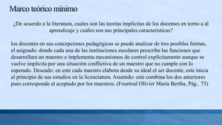 ¿De acuerdo a la literatura, cuales son las teorías implícitas de los docentes en torno a al
aprendizaje y cuáles son sus principales características?
los docentes en sus concepciones pedagógicas se puede analizar de tres posibles formas,
el asignado: donde cada una de las instituciones escolares prescribe las funciones que
desarrollara un maestro e implementa mecanismos de control explícitamente aunque se
vuelve implícita por una situación conflictiva de un maestro que no cumple con lo
esperado. Deseado: en este cada maestro elabora desde su ideal el ser docente, este inicia
al principio de sus estudios en la licenciatura. Asumido: este combina los dos anteriores
pues corresponde al aceptado por los maestros. (Fourtoul Olivier María Bertha, Pág.. 73)
 