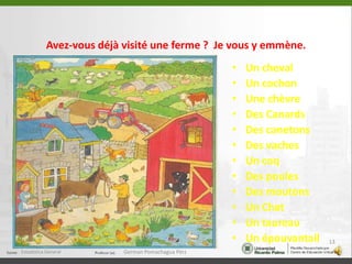 Avez-vous déjà visité une ferme ?  Je vous y emmène.Un chevalUn cochonUne chèvreDes CanardsDes canetonsDes vachesUn coqDes poules Des moutonsUn ChatUn taureauUn épouvantailEstadistica General13German Pomachagua Pérz