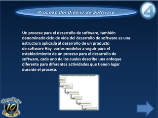 Un proceso para el desarrollo de software, también
denominado ciclo de vida del desarrollo de software es una
estructura aplicada al desarrollo de un producto
de software Hay varios modelos a seguir para el
establecimiento de un proceso para el desarrollo de
software, cada uno de los cuales describe una enfoque
diferente para diferentes actividades que tienen lugar
durante el proceso.
 