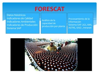 FORESCAT
Datos históricos
Indicadores de Calidad
Indicadores Ambientales
Indicadores de Producción
Sistema SAP

Análisis de la
capacidad de
producción por planta

Procesamiento de la
información
Sistema SAP ,SGI, AMI,
ASTRE, SISO , Intranet

 