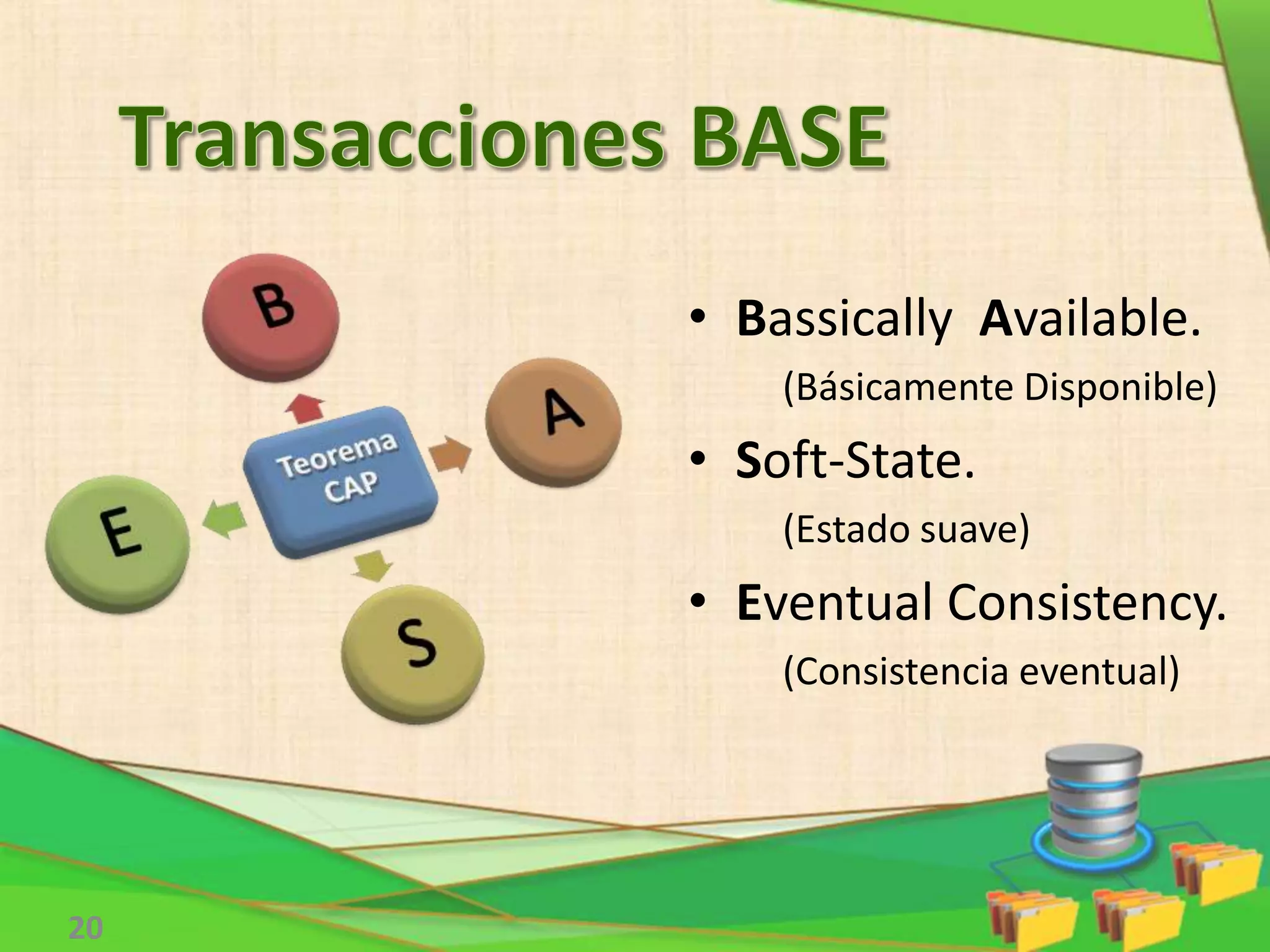 20
• Bassically Available.
(Básicamente Disponible)
• Soft-State.
(Estado suave)
• Eventual Consistency.
(Consistencia eventual)
 